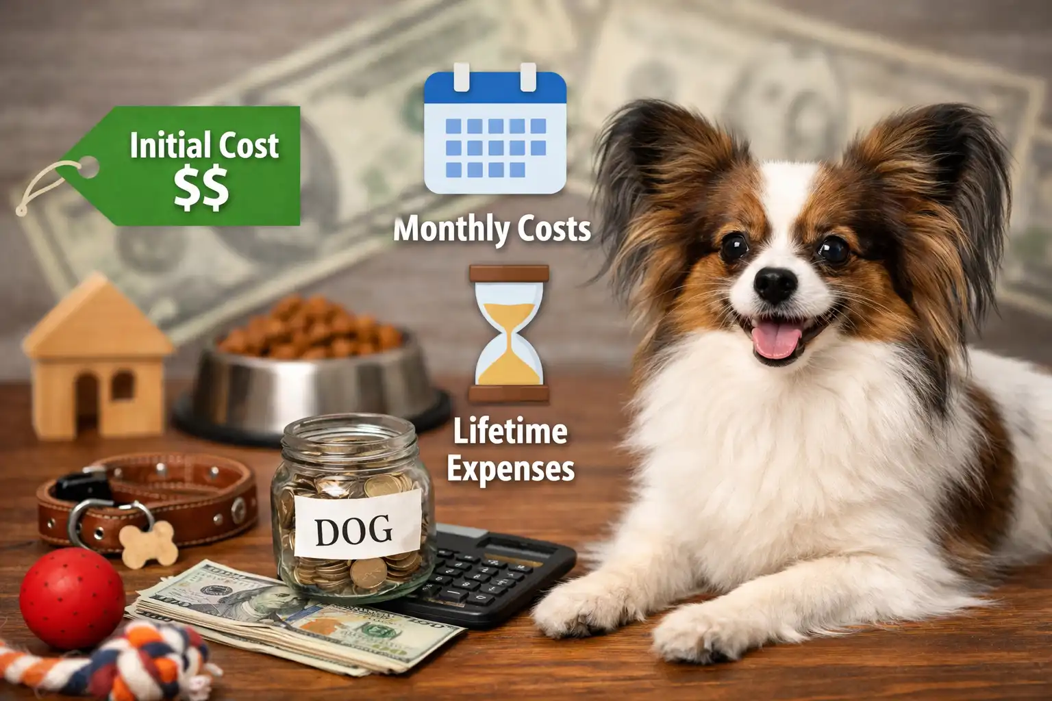 Papillon dog cost illustration showing an adult papillon beside money, calculator, and pet supplies representing ownership expenses