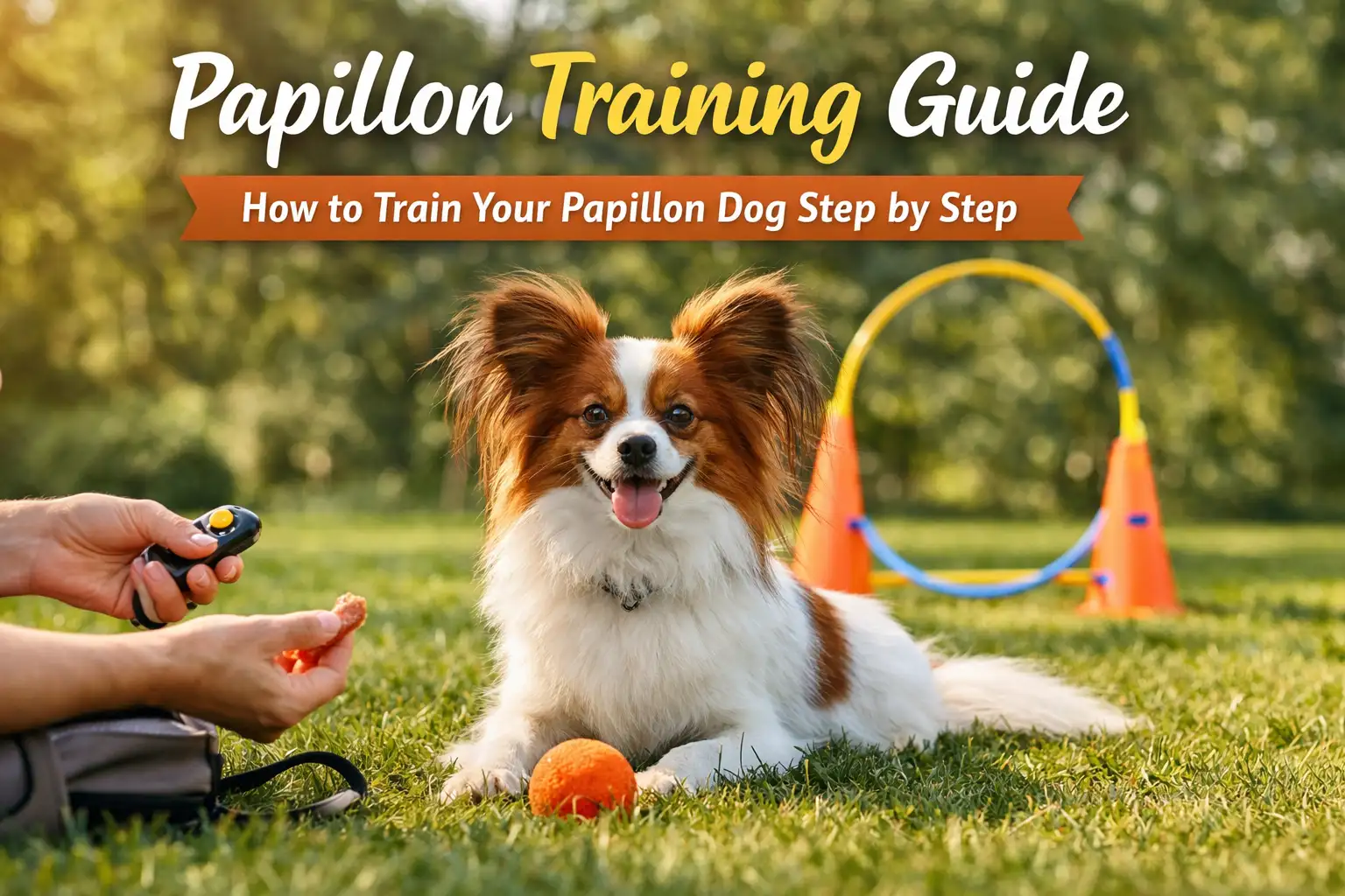 Papillon training with a small butterfly-eared dog learning basic commands outdoors