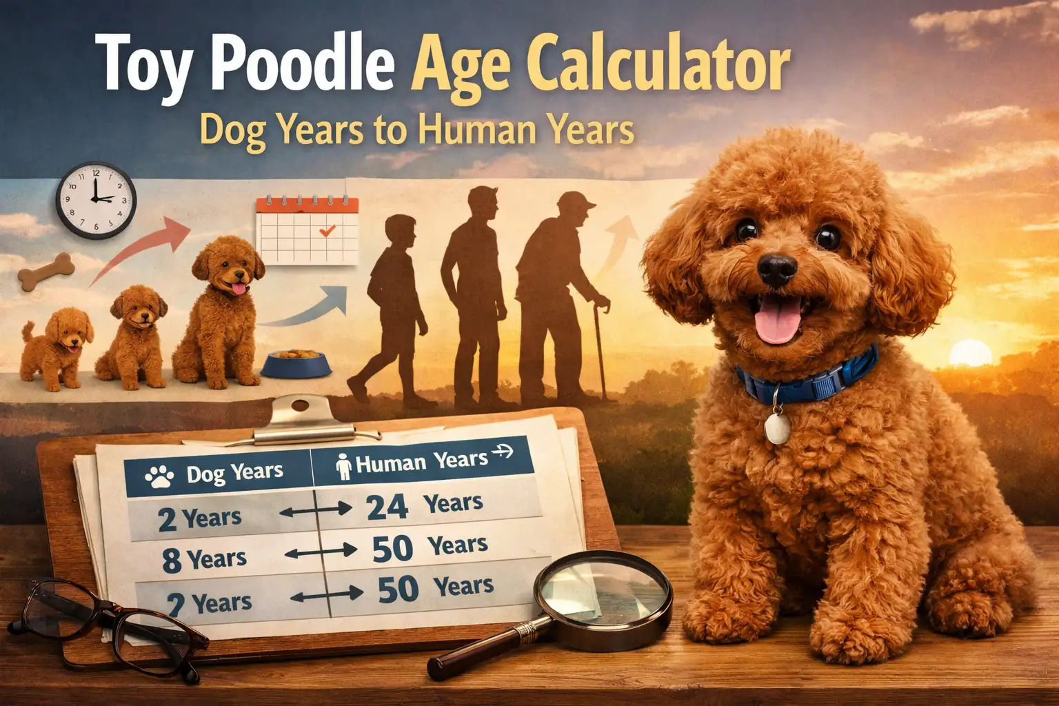 Toy Poodle age calculator illustration showing a happy Toy Poodle with an age chart comparing dog years to human years
