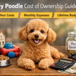 Happy Toy Poodle sitting beside dog supplies, money, and a calculator, representing Toy Poodle cost of ownership and budgeting.