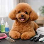 toy poodle grooming at home with brushes and tools