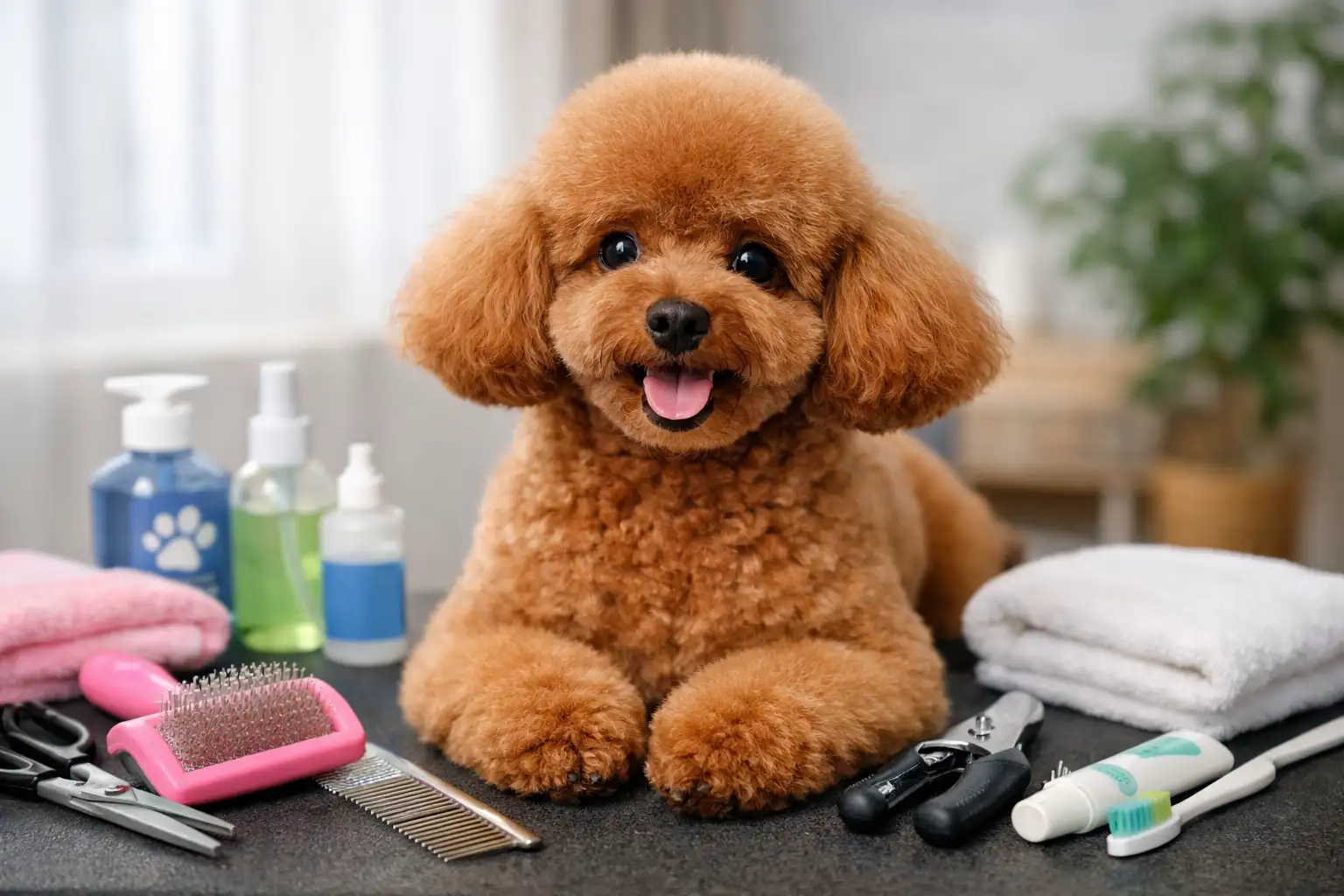 Toy Poodle grooming with a freshly groomed small poodle sitting on a grooming table surrounded by brushes, comb, shampoo, and nail clippers
