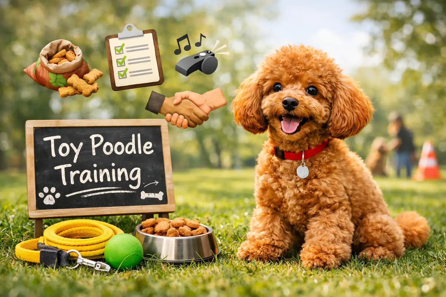 Toy Poodle training with a happy small poodle sitting outdoors near training tools and looking alert and friendly
