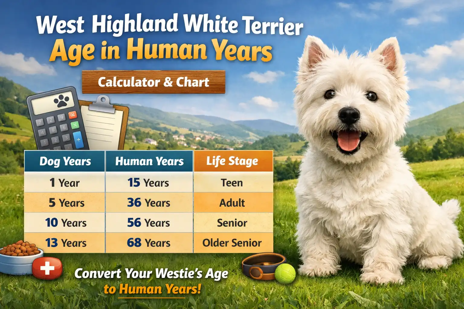 west highland white terrier age in human years shown with a white westie beside a simple dog-to-human age chart