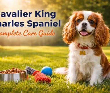 A Cavalier King Charles Spaniel dog sitting on grass, showing its silky coat, expressive eyes, and friendly temperament
