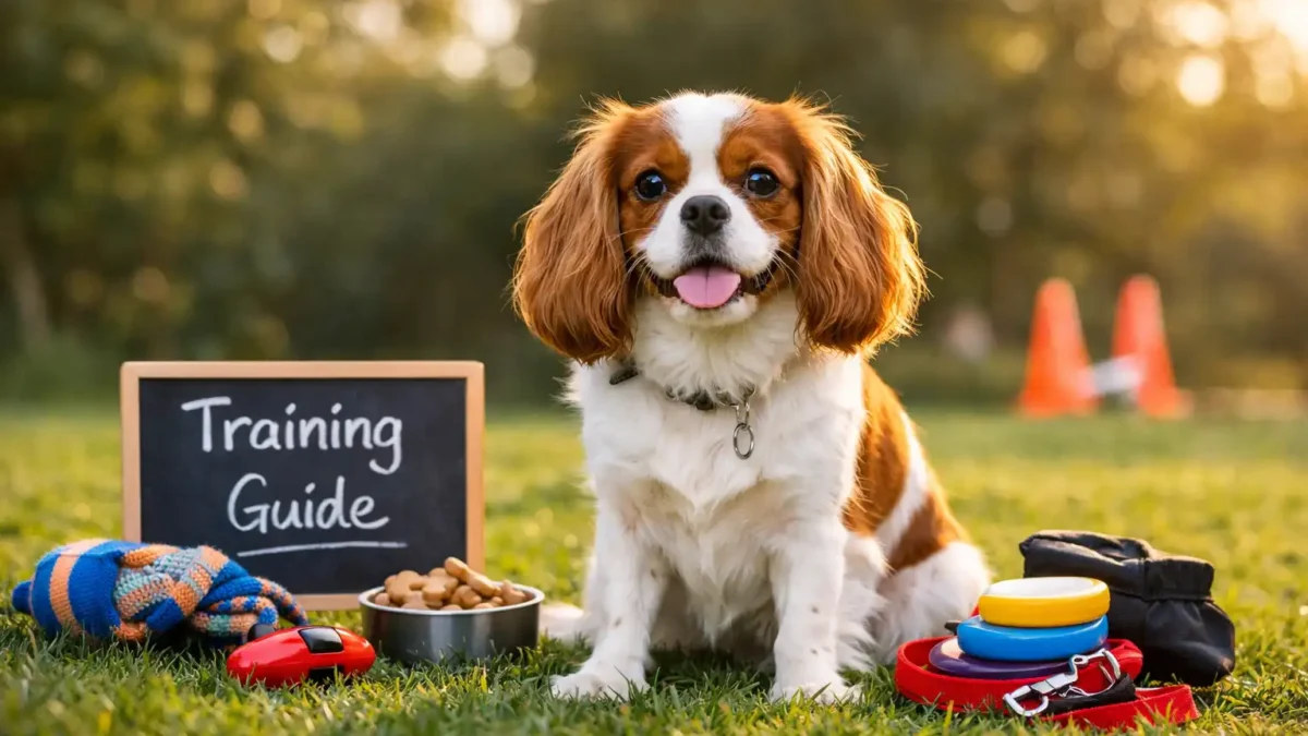 A Cavalier King Charles Spaniel sitting attentively on grass with training treats and toys, ready for a training session