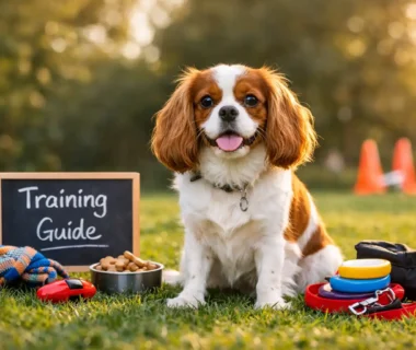 A Cavalier King Charles Spaniel sitting attentively on grass with training treats and toys, ready for a training session
