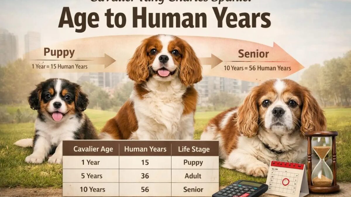 A landscape infographic showing Cavalier King Charles Spaniel puppy, adult, and senior stages with a chart converting dog age to human years