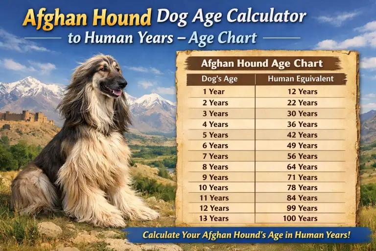 : Afghan Hound standing on grass, illustrating age and size for human year comparison
