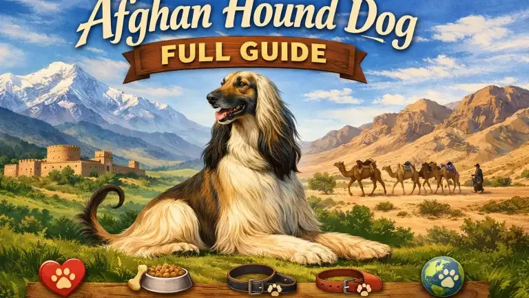 Adult Afghan Hound standing gracefully with long silky coat and elegant posture