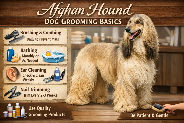 Afghan Hound with long silky coat being gently brushed at home