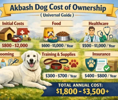 Adult Akbash dog standing outdoors, showing its large size and white coat, representing ownership costs