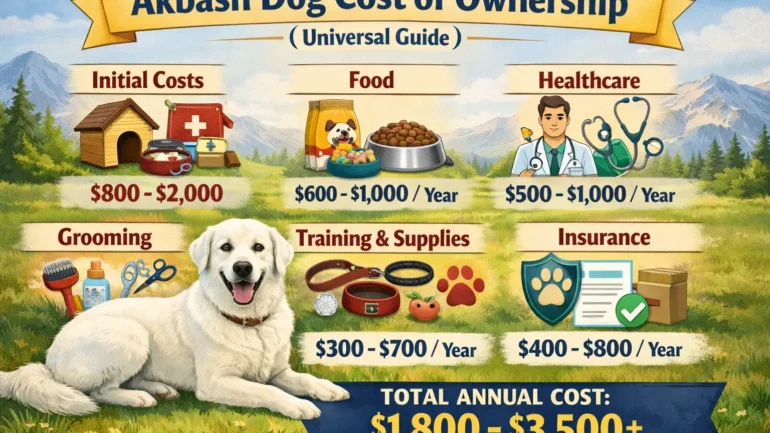 Adult Akbash dog standing outdoors, showing its large size and white coat, representing ownership costs