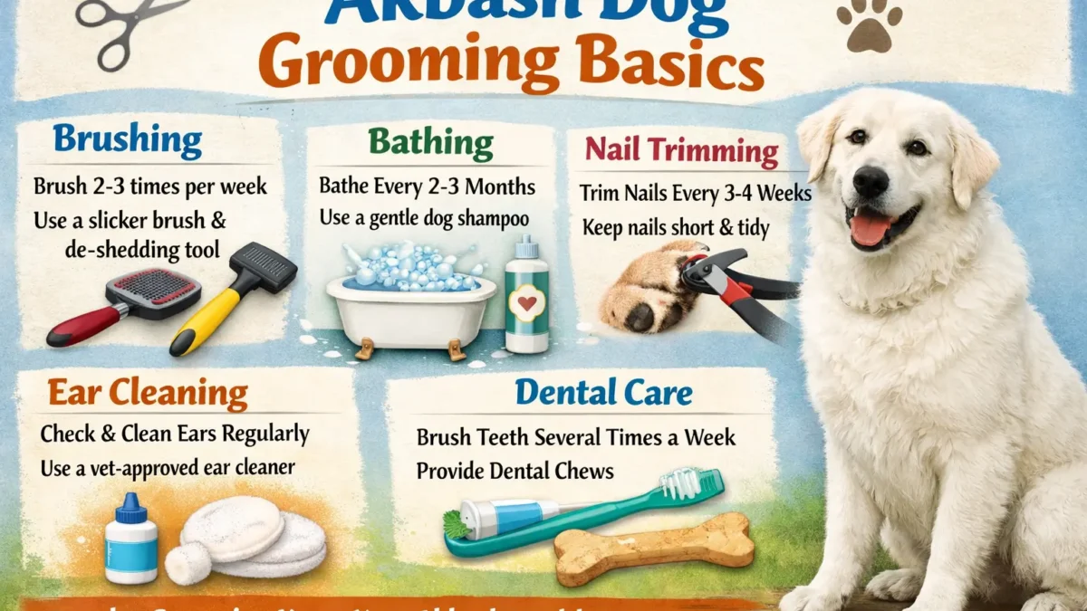 An adult Akbash dog being brushed at home, showing its thick double coat