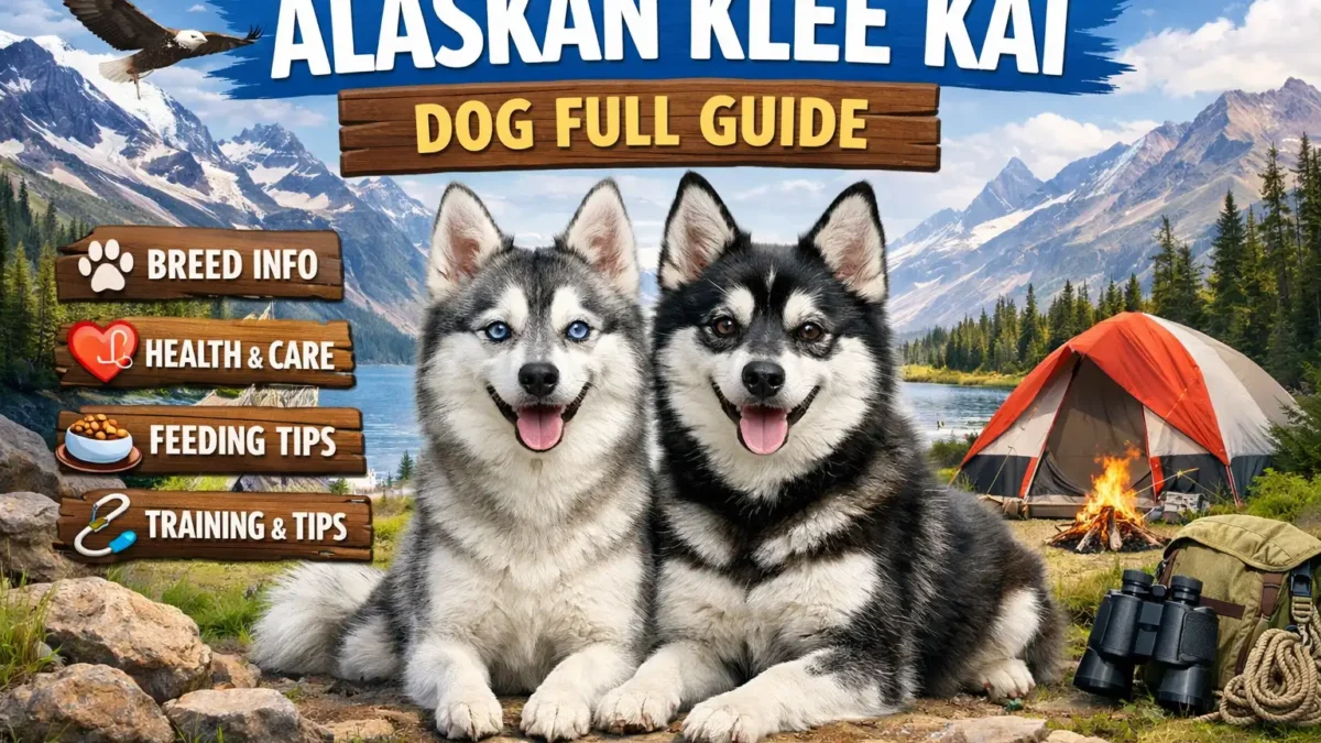 Adult Alaskan Klee Kai dog standing outside, showing its compact size, thick double coat, and facial mask