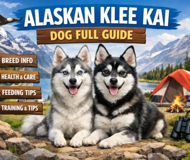 Adult Alaskan Klee Kai dog standing outside, showing its compact size, thick double coat, and facial mask