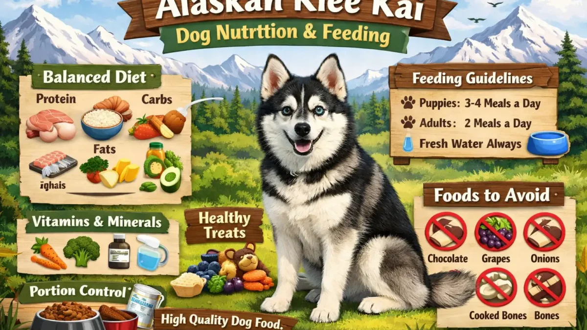 Healthy Alaskan Klee Kai sitting on the floor with a balanced meal in a bowl, illustrating proper nutrition and feeding