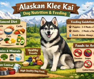 Healthy Alaskan Klee Kai sitting on the floor with a balanced meal in a bowl, illustrating proper nutrition and feeding
