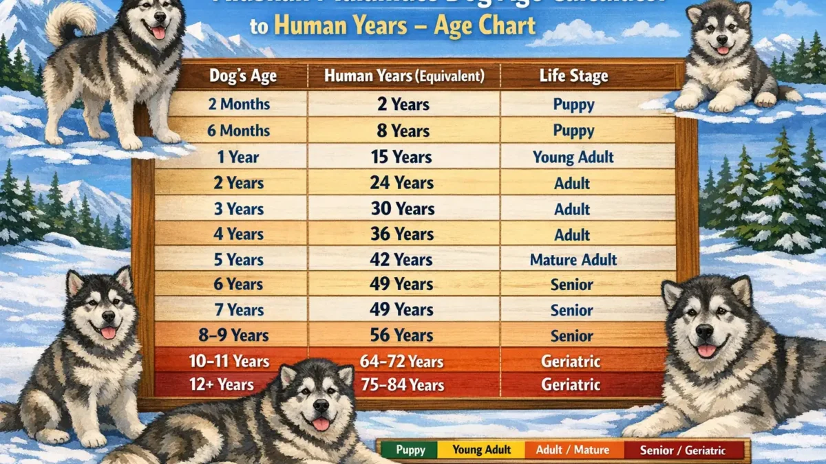 Alaskan Malamute dog age calculator and human year conversion chart for healthy aging
