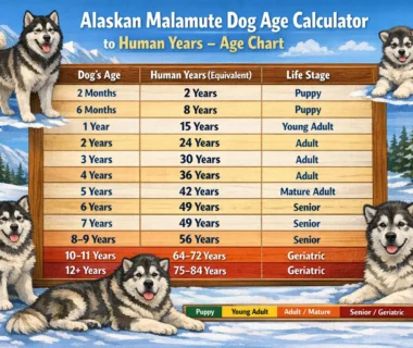 Alaskan Malamute dog age calculator and human year conversion chart for healthy aging