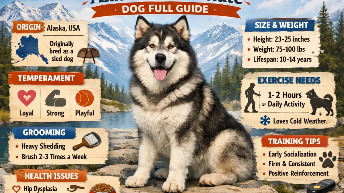 Alaskan Malamute dog with distinctive facial mask, muscular build, and plumed tail in a snowy landscape