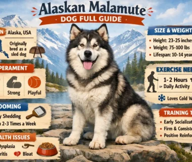 Alaskan Malamute dog with distinctive facial mask, muscular build, and plumed tail in a snowy landscape