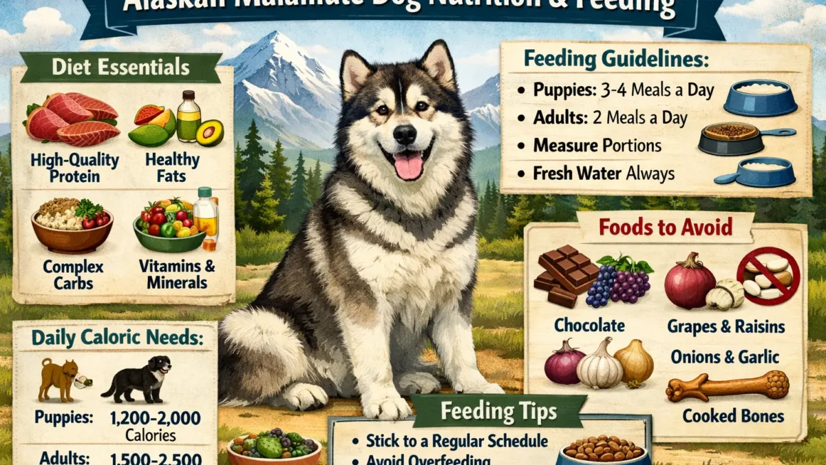 Alaskan Malamute dog eating from a bowl, healthy diet, and meal portioning