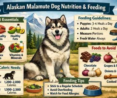 Alaskan Malamute dog eating from a bowl, healthy diet, and meal portioning