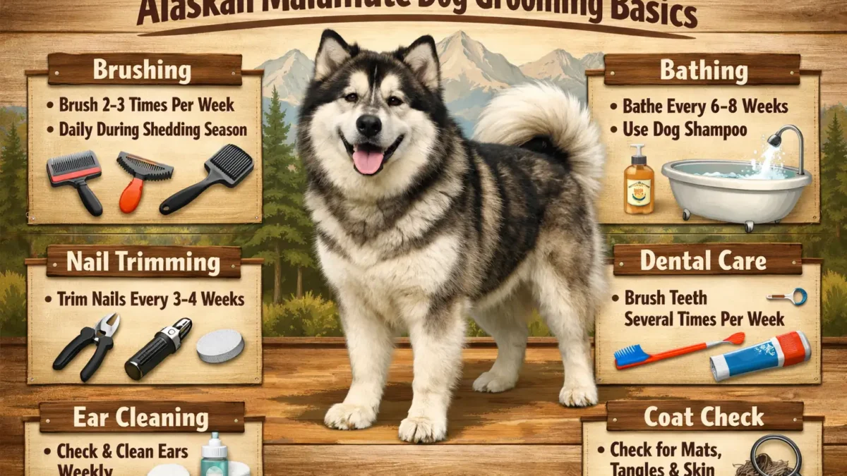 Alaskan Malamute dog being groomed with a brush