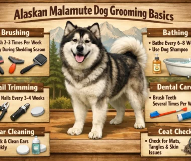 Alaskan Malamute dog being groomed with a brush