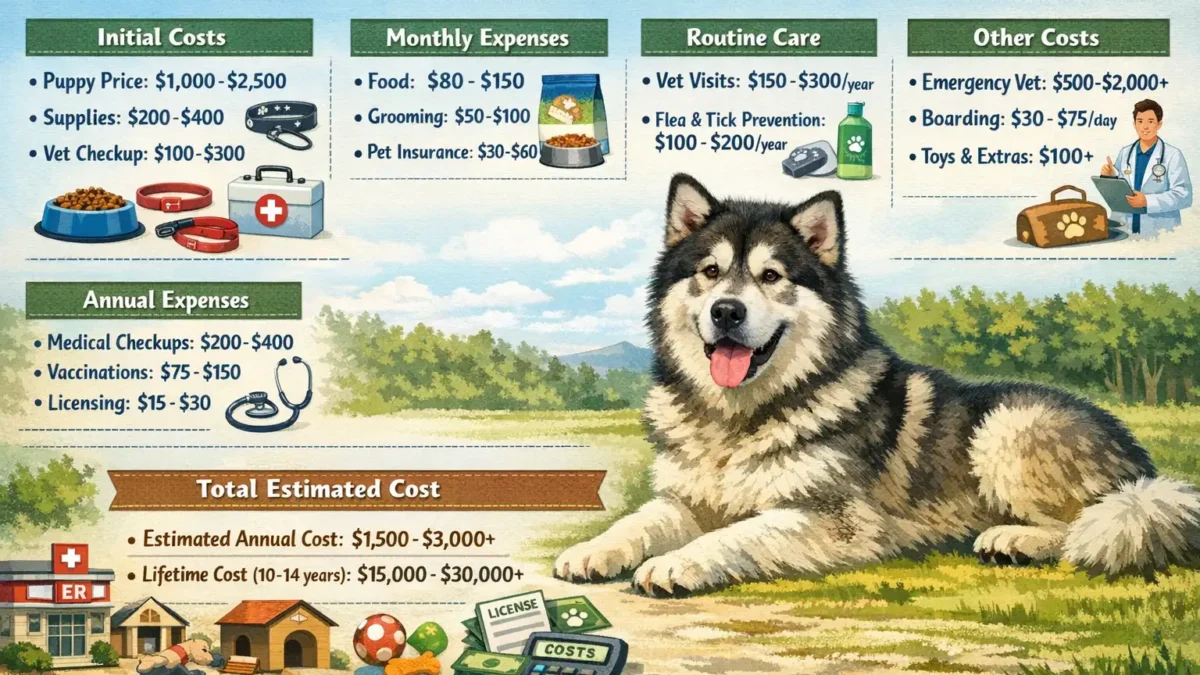 Alaskan Malamute with thick double coat standing proudly in a snowy landscape