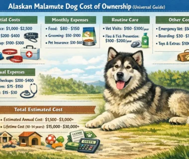 Alaskan Malamute with thick double coat standing proudly in a snowy landscape