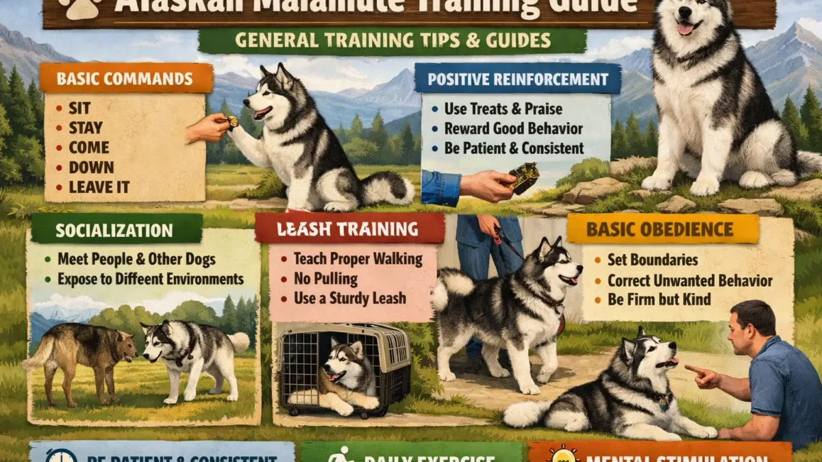 Alaskan Malamute sitting on grass, focused on training with owner.