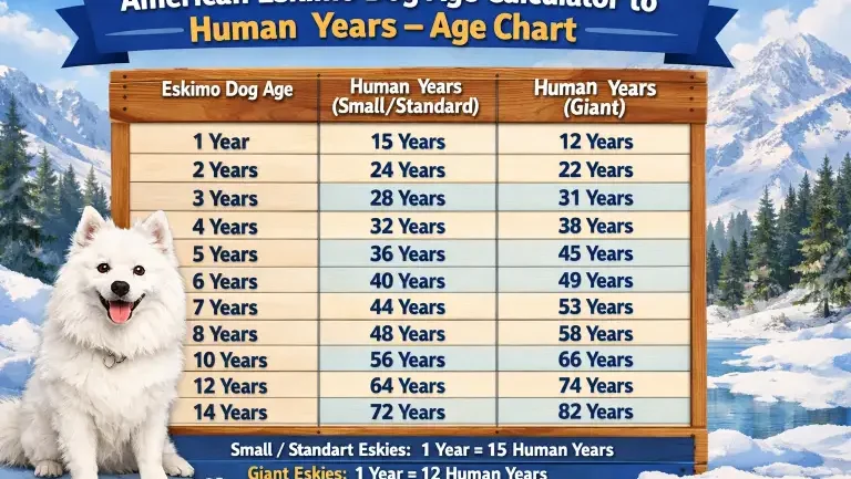 Adult American Eskimo dog sitting calmly, representing age milestones and lifespan stages