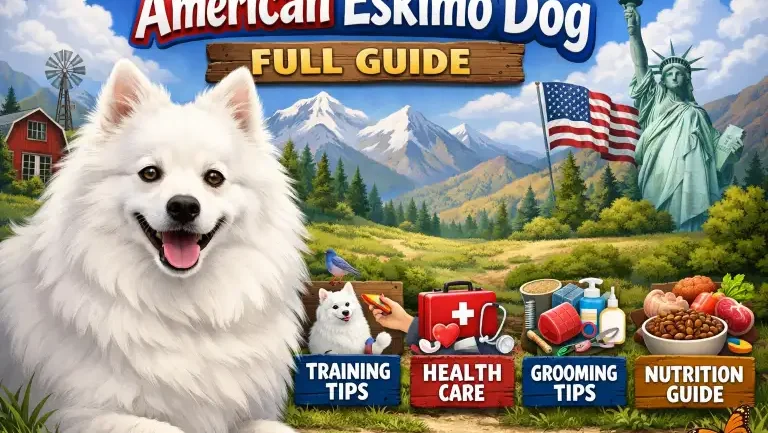 Adult American Eskimo dog with a fluffy white coat, upright ears, and curled tail standing outdoors