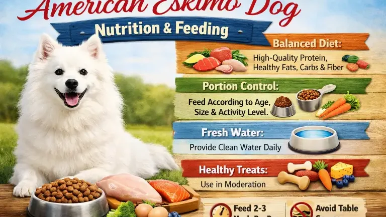 American Eskimo dog eating from a food bowl, maintaining a healthy weight under its dense coat