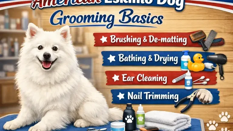 American Eskimo dog being brushed, highlighting its thick double coat and fluffy appearance