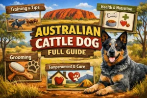 Australian Cattle Dog with a compact athletic build, blue and red speckled coat, and alert working-dog posture.