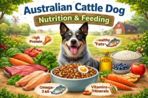 Active Australian Cattle Dog eating a balanced meal to support energy and muscle health.