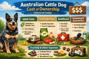 Australian Cattle Dog resting at home with gear and supplies that represent long-term care costs.