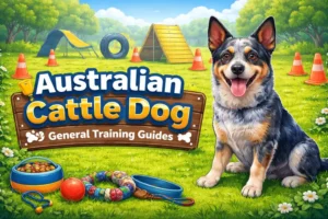 Australian Cattle Dog following commands during outdoor training, showing intelligence and focus.