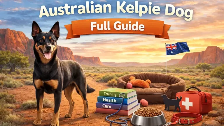 Australian Kelpie dog standing alert outdoors, showing its muscular build, pricked ears, and short dense coat
