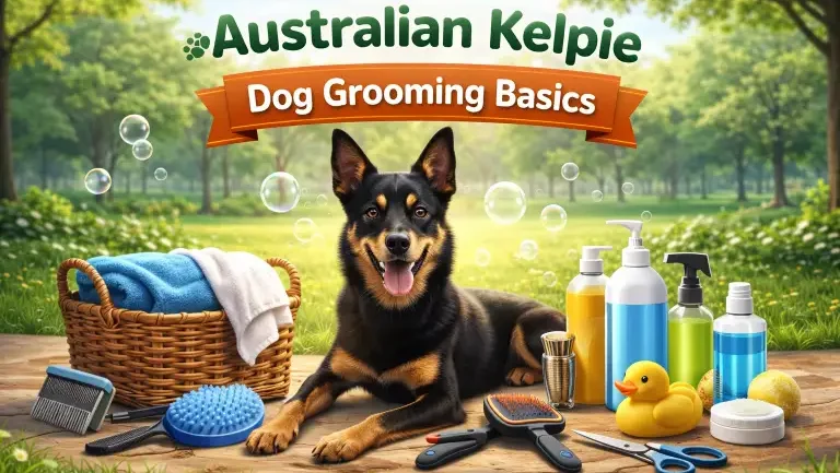 Australian Kelpie dog being brushed, showing its short weather-resistant coat