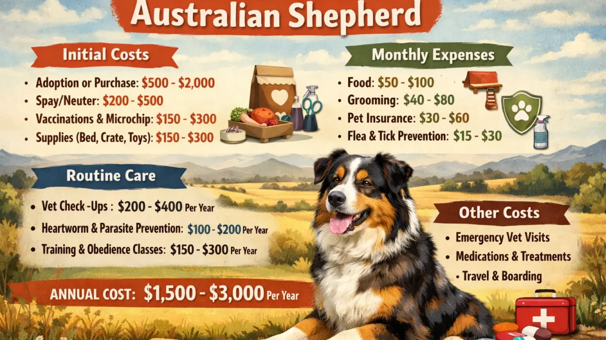 An Australian Shepherd dog, showcasing its medium-length coat, intelligent expression, and energetic nature. This image represents the costs associated with owning this active and loving breed.