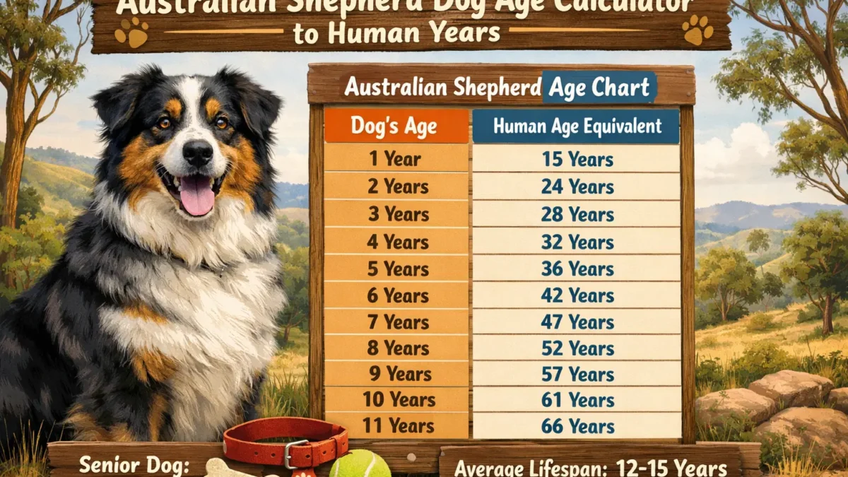 Australian Shepherd dog age to human years conversion chart showing age equivalency for medium-sized dogs.