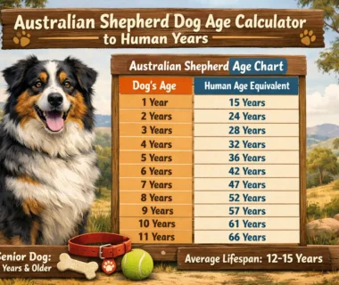 Australian Shepherd dog age to human years conversion chart showing age equivalency for medium-sized dogs.