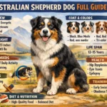 An adult Australian Shepherd dog standing in a grassy field, showing its thick merle coat and alert expression.