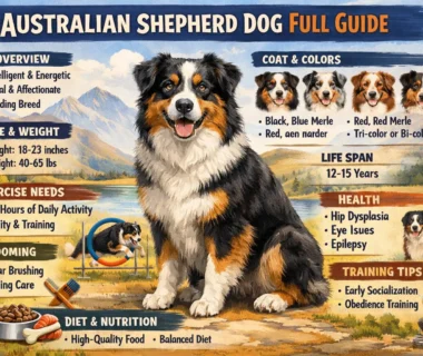 An adult Australian Shepherd dog standing in a grassy field, showing its thick merle coat and alert expression.