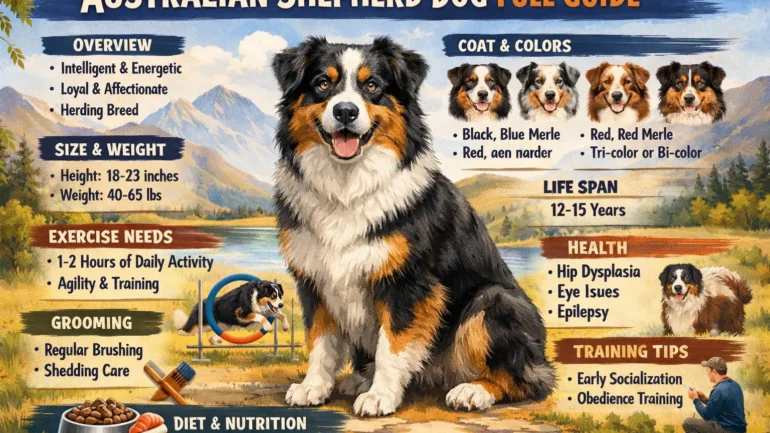An adult Australian Shepherd dog standing in a grassy field, showing its thick merle coat and alert expression.
