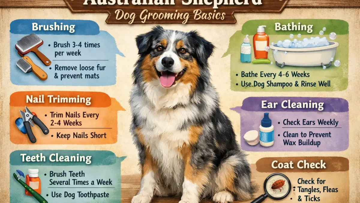 Australian Shepherd with a healthy, brushed coat being groomed at home